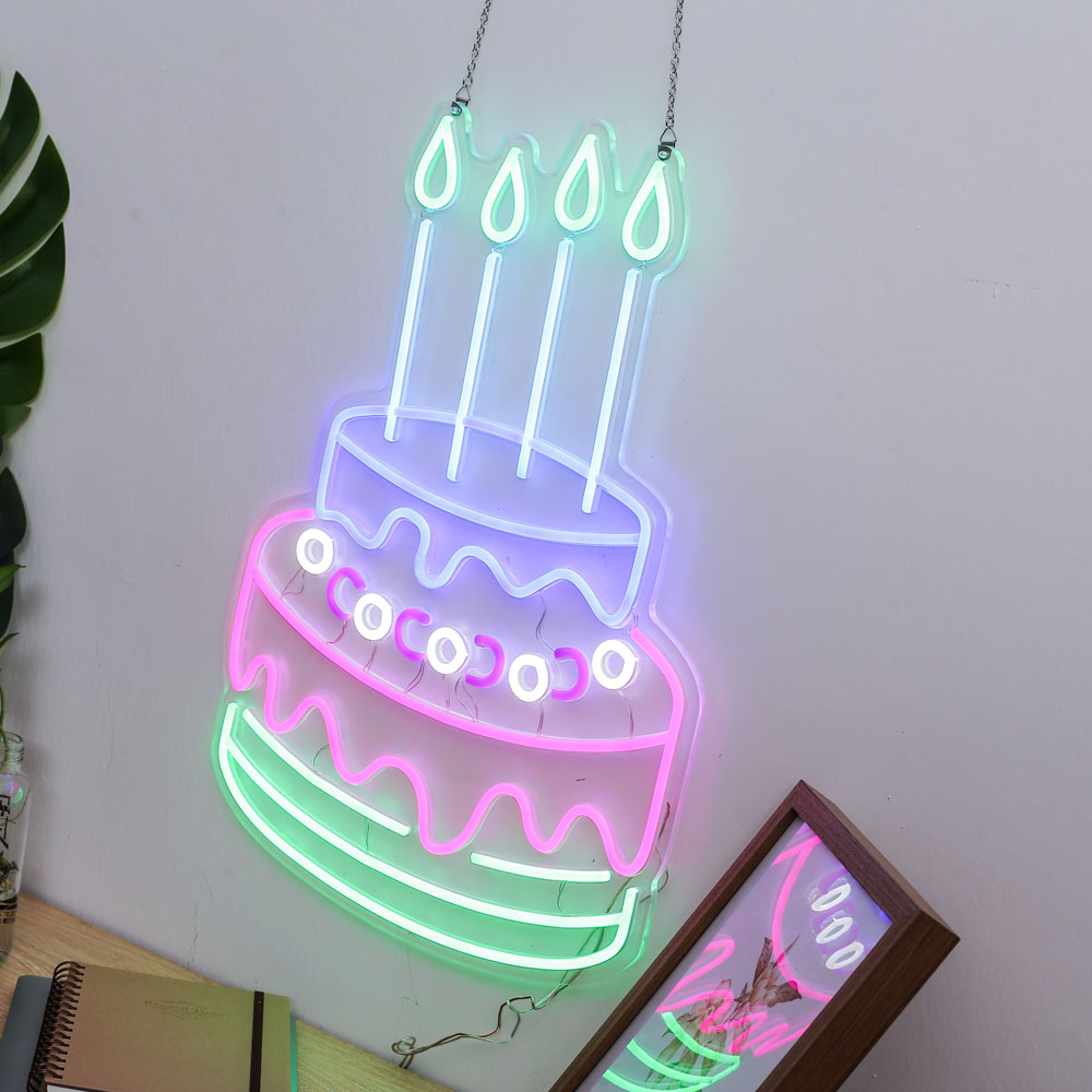 LED Neon Sign Colorful Birthday  party Cake Light blue and pink